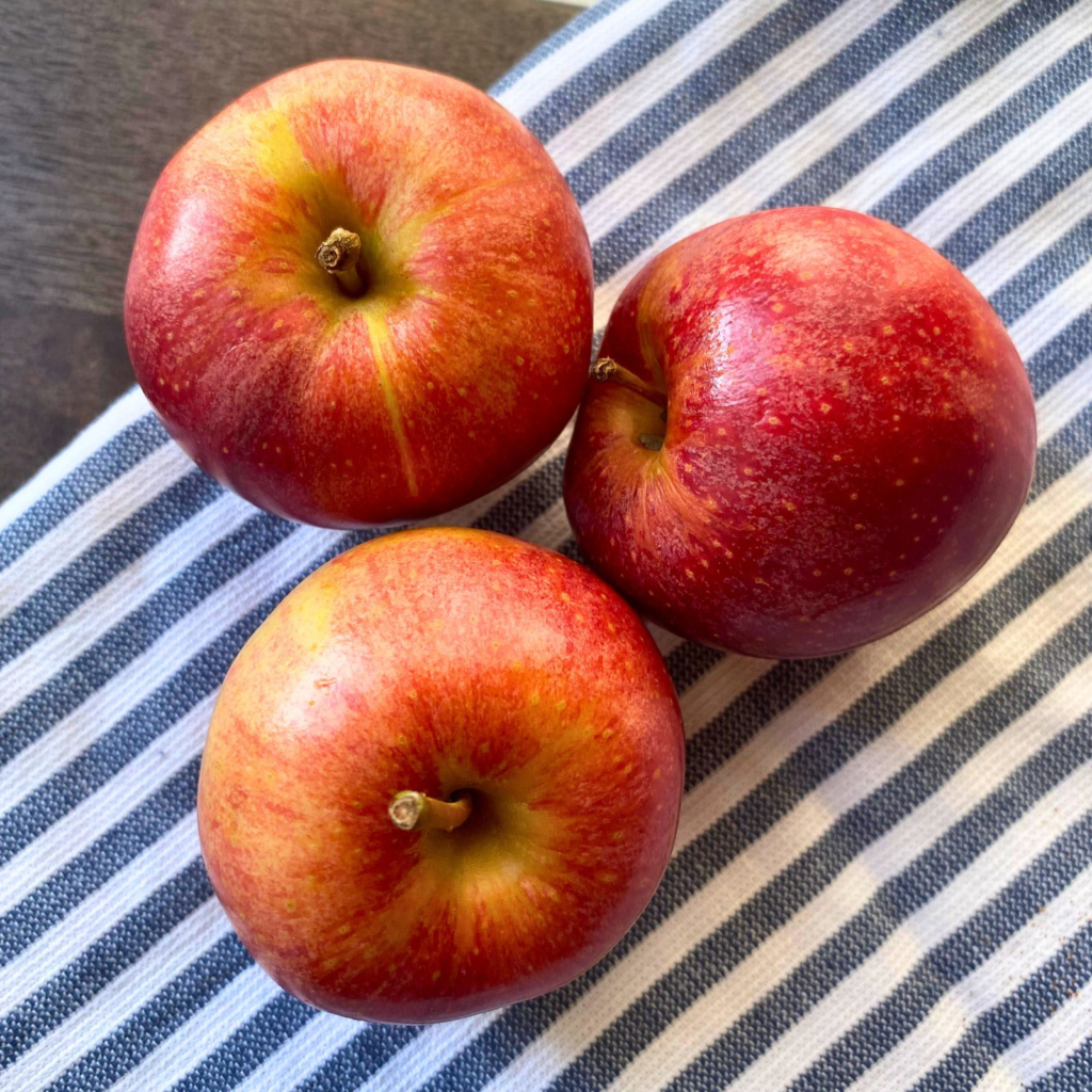 Red apples on blue and white tea towel
