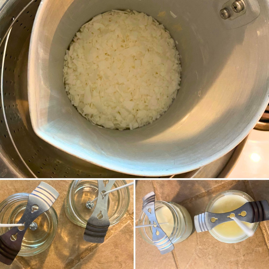 Three images in one. Soy wax in a melting pot and boiler / empy candle jars with wick holders /  poured candle jars with wick holders