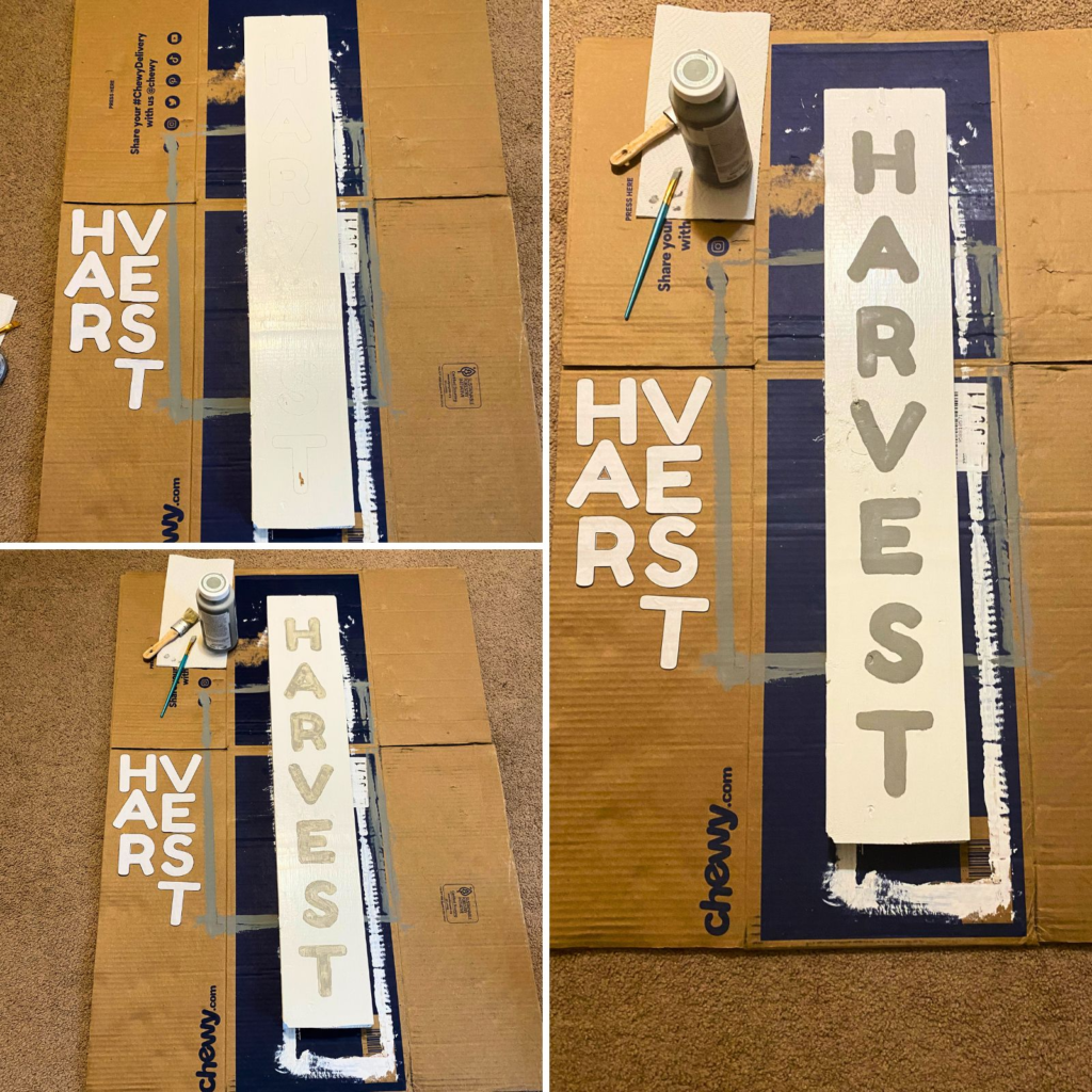 3 different images in a grid, showing how to trace and paint a porch sign