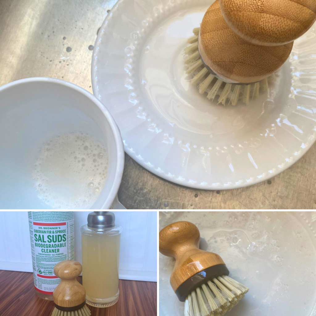 Cleaning white plates and mug with natural dish soap and scrub brush.