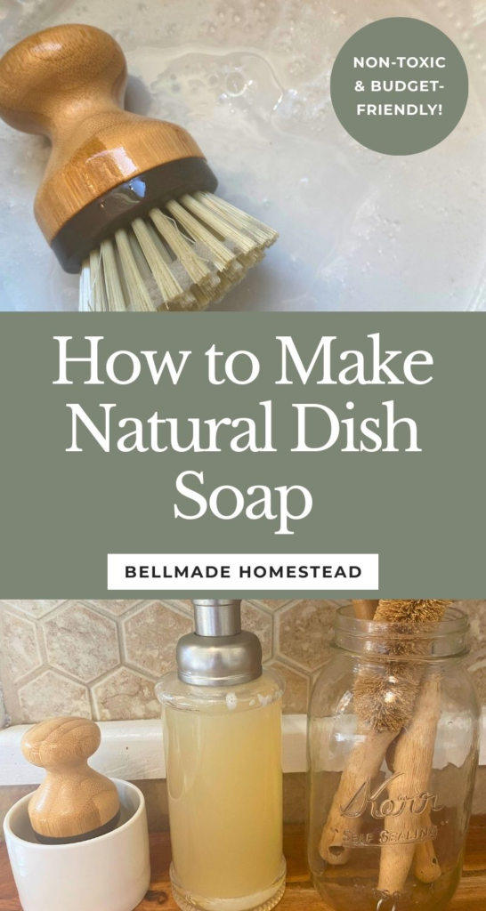 Natural dish soap in glass jar and washing dishes