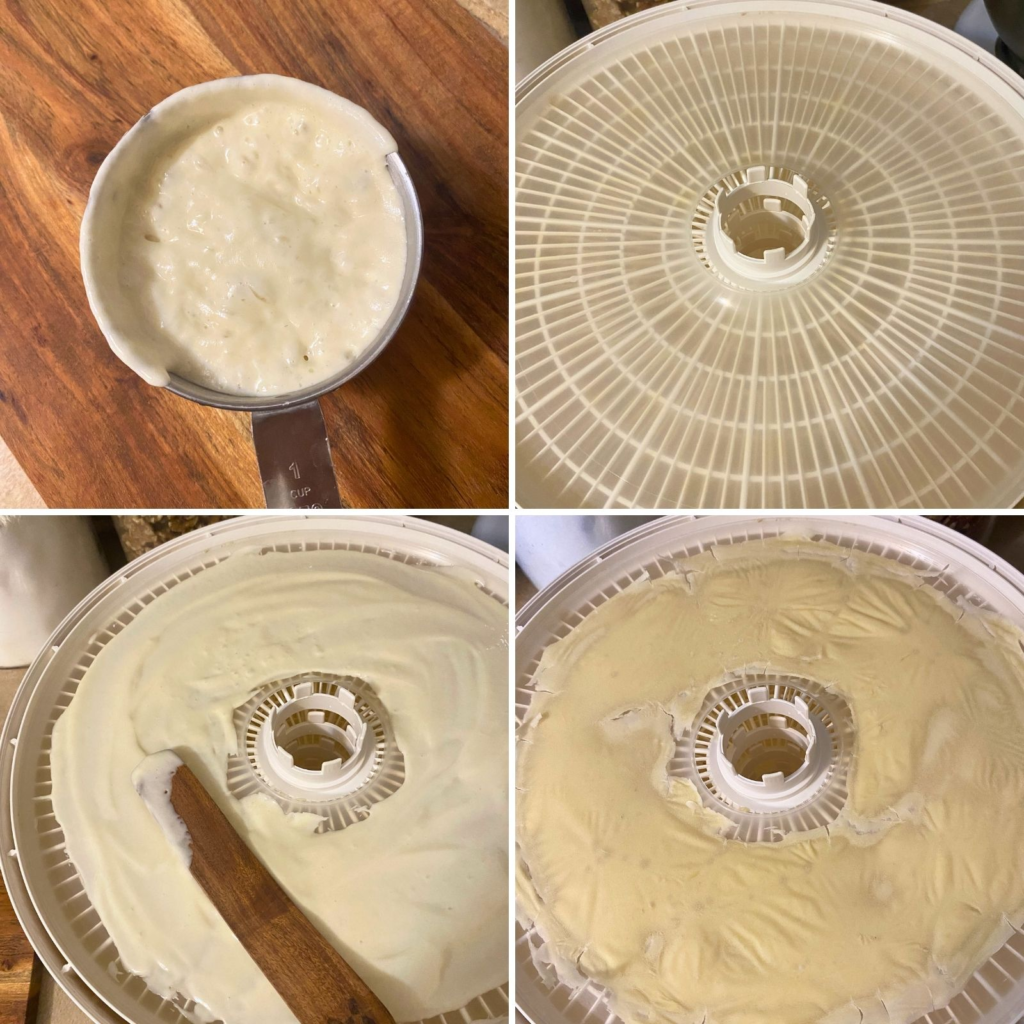 Spreading sourdough starter onto a dehydrator tray.