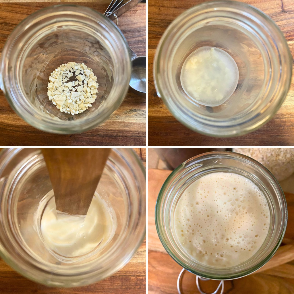 Mixing up sourdough starter in mason jar