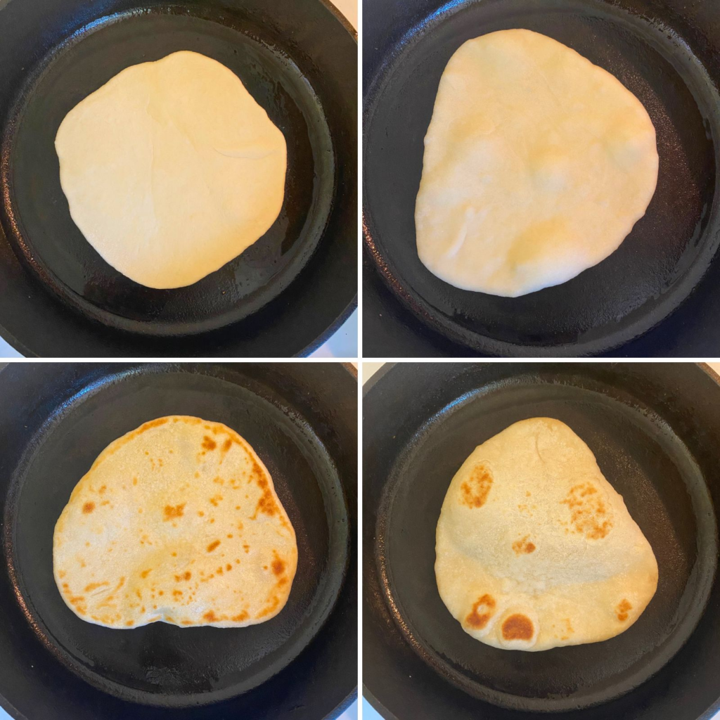Cooking sourdough tortillas in cast iron skillet