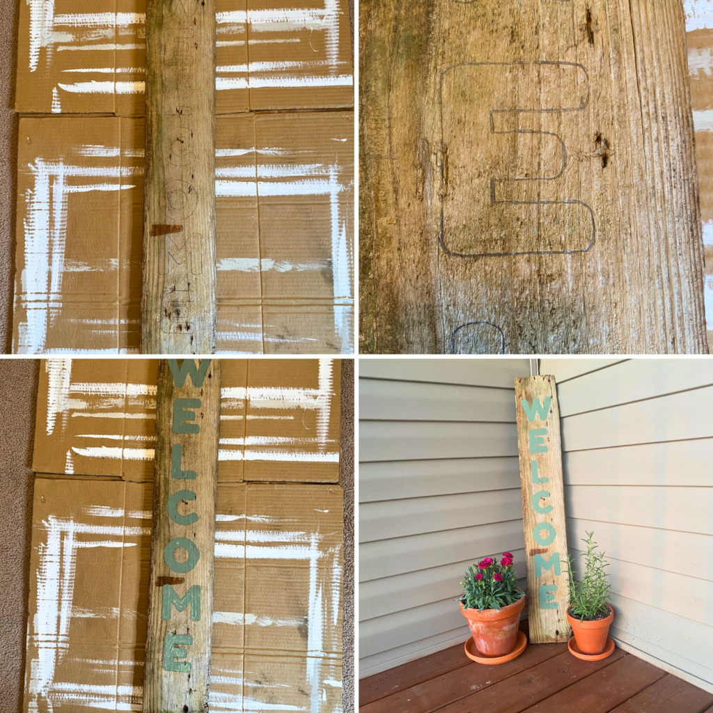 How to images for DIY welcome porch sign, board, paint, letters