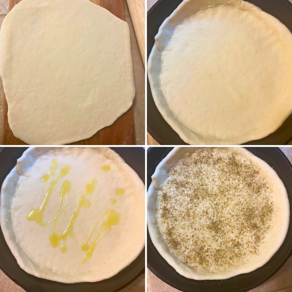 Adding dough into cast-iron skilets for sourdough pizza crust