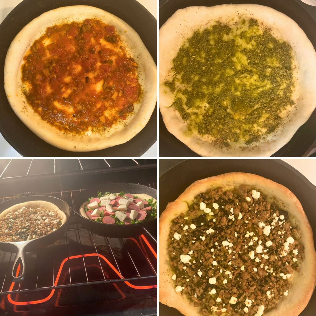 Adding toppings and baking sourdough pizza crusts in cast-iron skillets